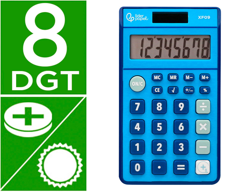 CALCULADORA LIDERPAPEL BOLSILLO XF09 8 DIGITOS SOLAR Y PILAS COLOR AZUL 115X65X8 MM