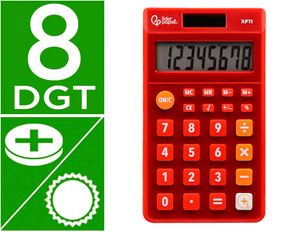 CALCULADORA LIDERPAPEL BOLSILLO XF11 8 DIGITOS SOLAR Y PILAS COLOR ROJO 115X65X8 MM