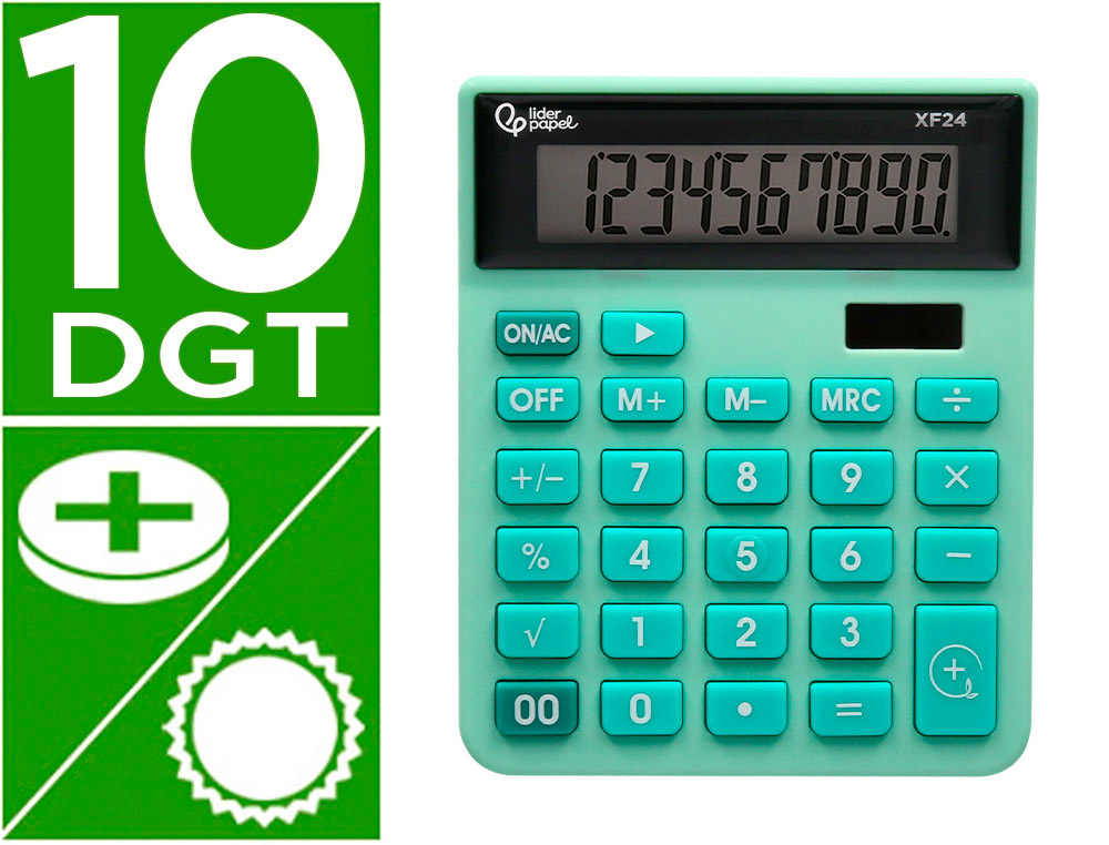 CALCULADORA LIDERPAPEL SOBREMESA XF24 10 DIGITOS SOLAR Y PILAS COLOR VERDE 127X105X24 MM