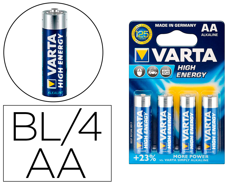 PILA VARTA ALCALINA LONGLIFE POWER AA TIPO LR-06 BLISTER DE 4 UNIDADES