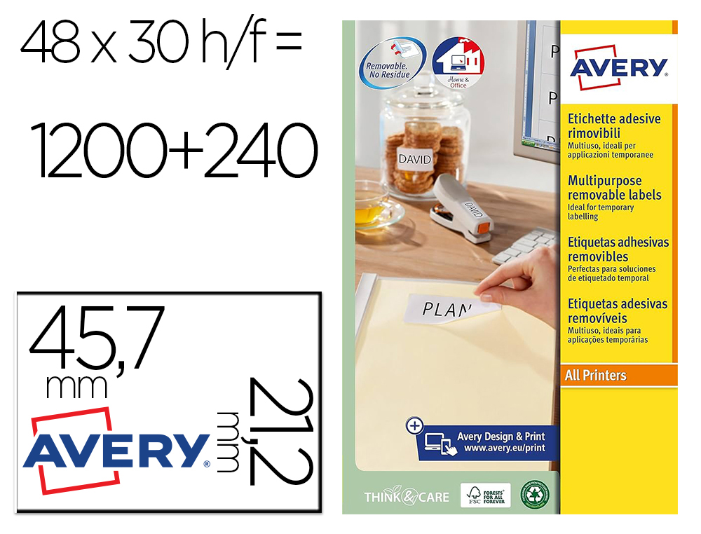 ETIQUETA ADHESIVA AVERY BLANCA REMOVIBLE PARA LASER INK-JET FOTOCOPIADORA 45,7X 21,2 MM CAJA DE 1200 UNIDADES