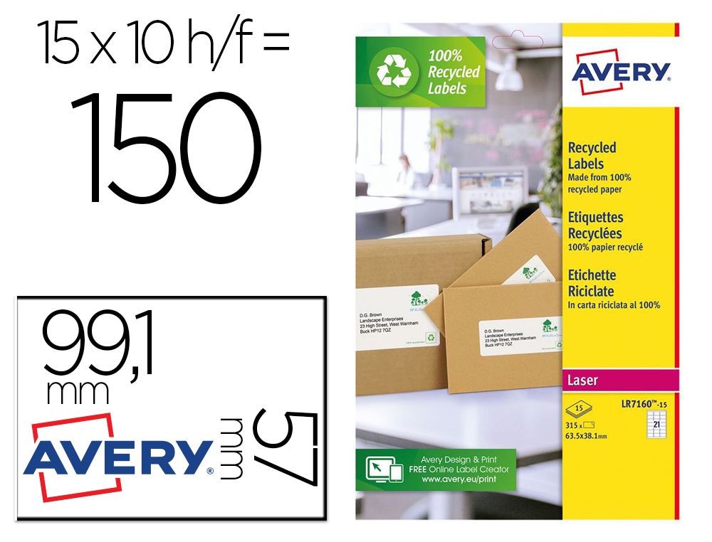 ETIQUETA ADHESIVA AVERY BLANCA PERMANENTE RECICLADA 100% PARAIMPRESORA LASER 99,1X57 MM CAJA DE 150 UNIDADES