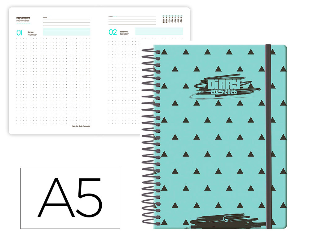 AGENDA ESCOLAR LIDERPAPEL 25-26 ESPIRAL PATTERNS TRIANGULOS DIA PAGINA A5 BILINGE PAPEL FSC 80 GR