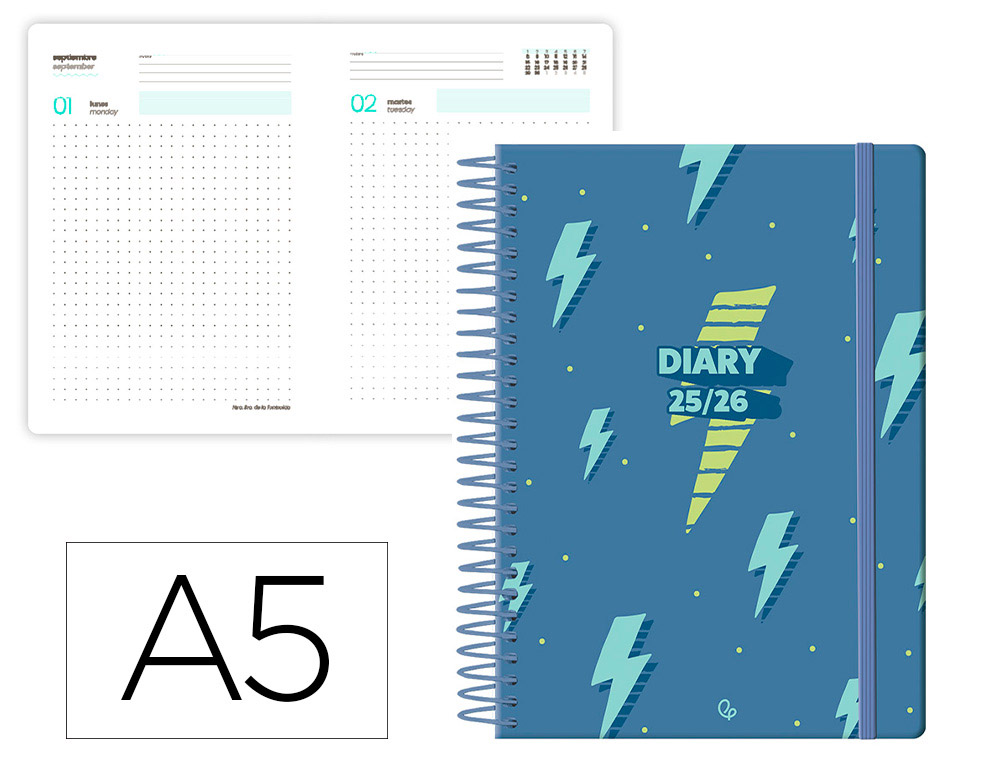 AGENDA ESCOLAR LIDERPAPEL 25-26 ESPIRAL PATTERNS RAYOS AZUL DIA PAGINA A5 BILINGE PAPEL FSC 80 GR