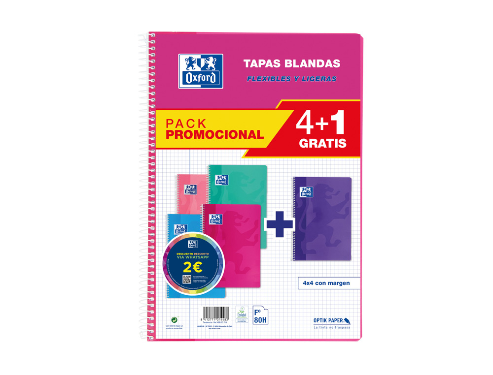 CUADERNO ESPIRAL OXFORD TAPA BLANDA FOLIO 80 HOJAS 90GR CUADRO 4 MM COLORES TENDENCIAS PACK DE 4+1