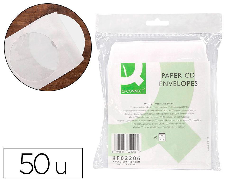 SOBRE PARA CD Q-CONNECT CON VENTANA TRANSPARENTE Y SOLAPA PACK DE 50 UNIDADES