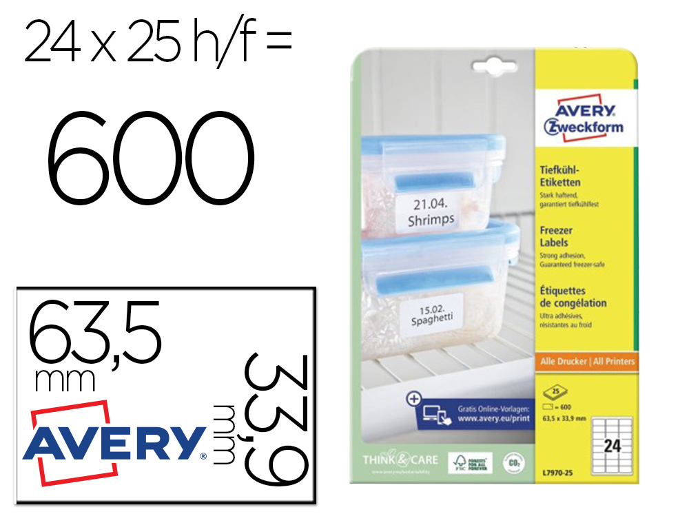 ETIQUETA ADHESIVA AVERY PARA CONGELADOR BLANCA 63,5X33,9 MM INK-JET LASER FOTOCOPIADORAPACK DE 600 UNIDADES