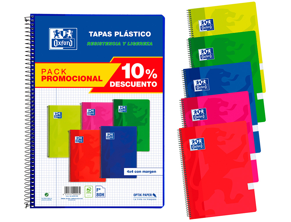 CUADERNO ESPIRAL OXFORD TAPA PLASTICO FOLIO 80 HOJAS CUADRO 4 MM PACK 5 UNIDADES COLORES VIVOS