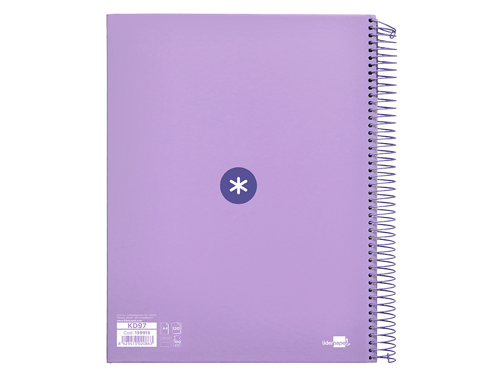 CUADERNO ESPIRAL A4 MICRO ANTARTIK TAPA FORRADA 120H 90 GR HORIZONTAL 5 BANDAS 4 TALADROS COLOR LAVANDA