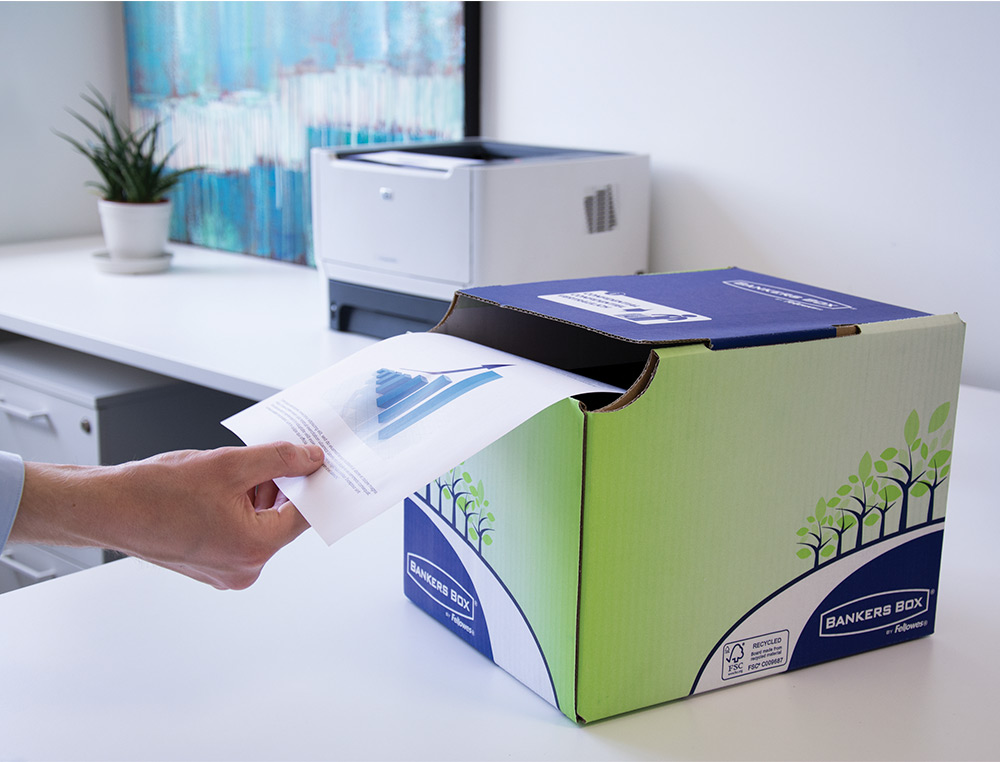 CONTENEDOR PAPELERA RECICLAJE FELLOWES SOBREMESA CARTON 100% RECICLADO MONTAJE MANUAL ENTRADA FRONTAL Y TAPA