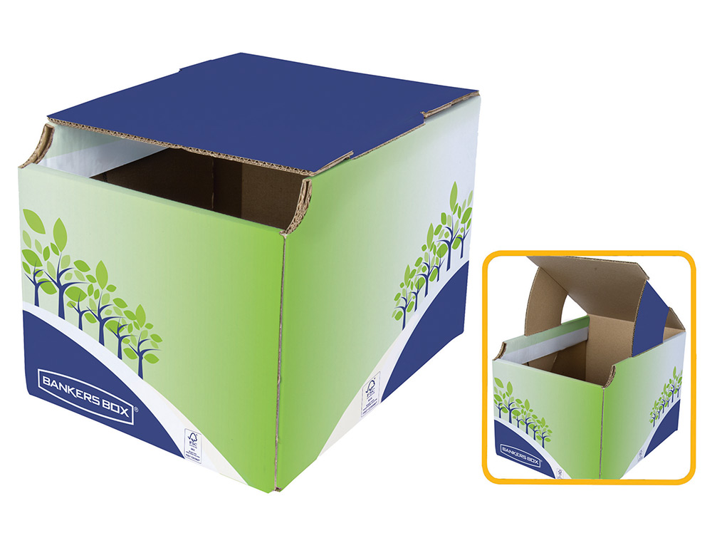 CONTENEDOR PAPELERA RECICLAJE FELLOWES SOBREMESA CARTON 100% RECICLADO MONTAJE MANUAL ENTRADA FRONTAL Y TAPA
