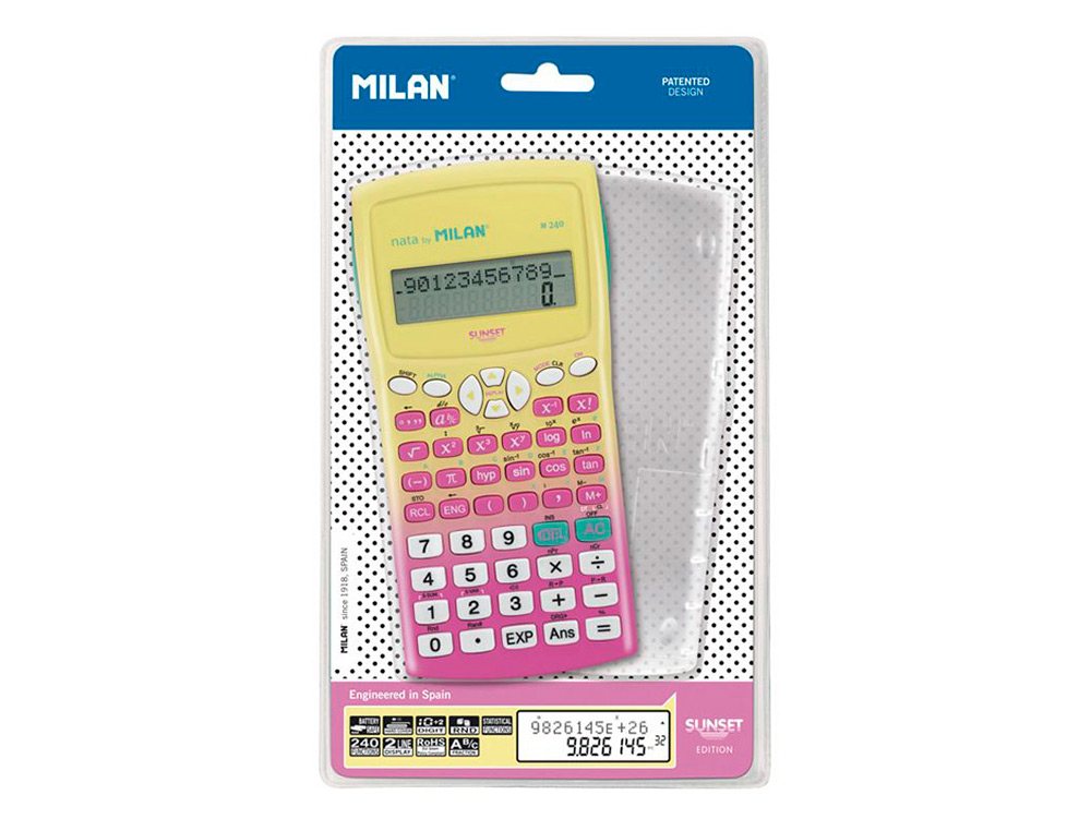 CALCULADORA MILAN CIENTIFICA M240 SUNSET TAPA TRANSLUCIDA 2 LINEAS 240 FUNCIONES 10+2 DIGITOS COLOR ROSA /AMARILLO