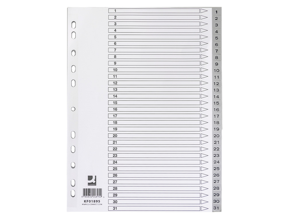 SEPARADOR NUMERICO Q-CONNECT PLASTICO 1-31 JUEGO DE 31 SEPARADORES DIN A4 MULTITALADRO