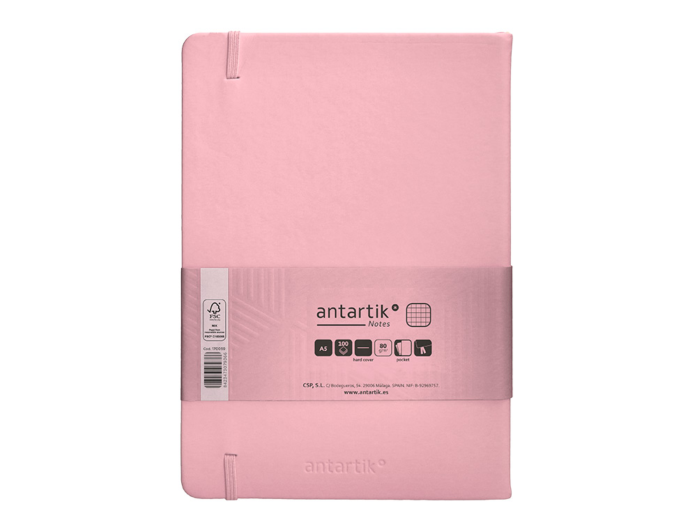 CUADERNO CON GOMILLA ANTARTIK NOTES TAPA DURA A5 HOJAS CUADRICULA ROSA PASTEL 100 HOJAS 80 GR FSC