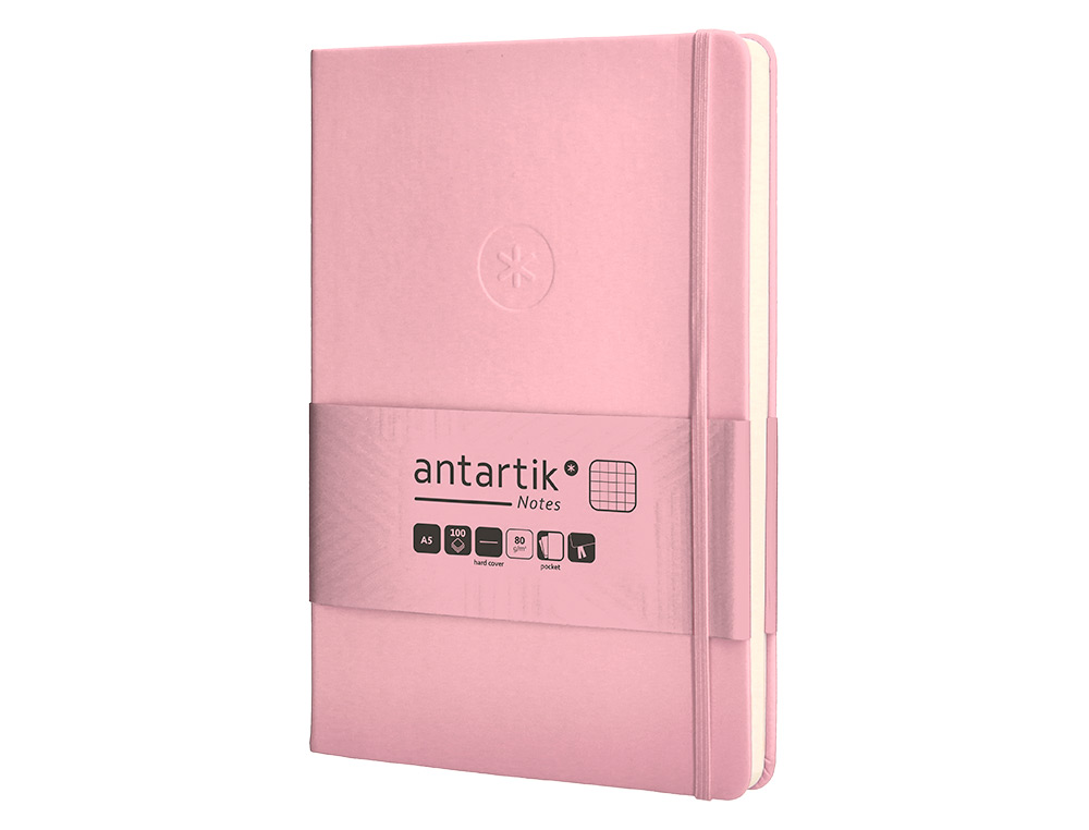 CUADERNO CON GOMILLA ANTARTIK NOTES TAPA DURA A5 HOJAS CUADRICULA ROSA PASTEL 100 HOJAS 80 GR FSC