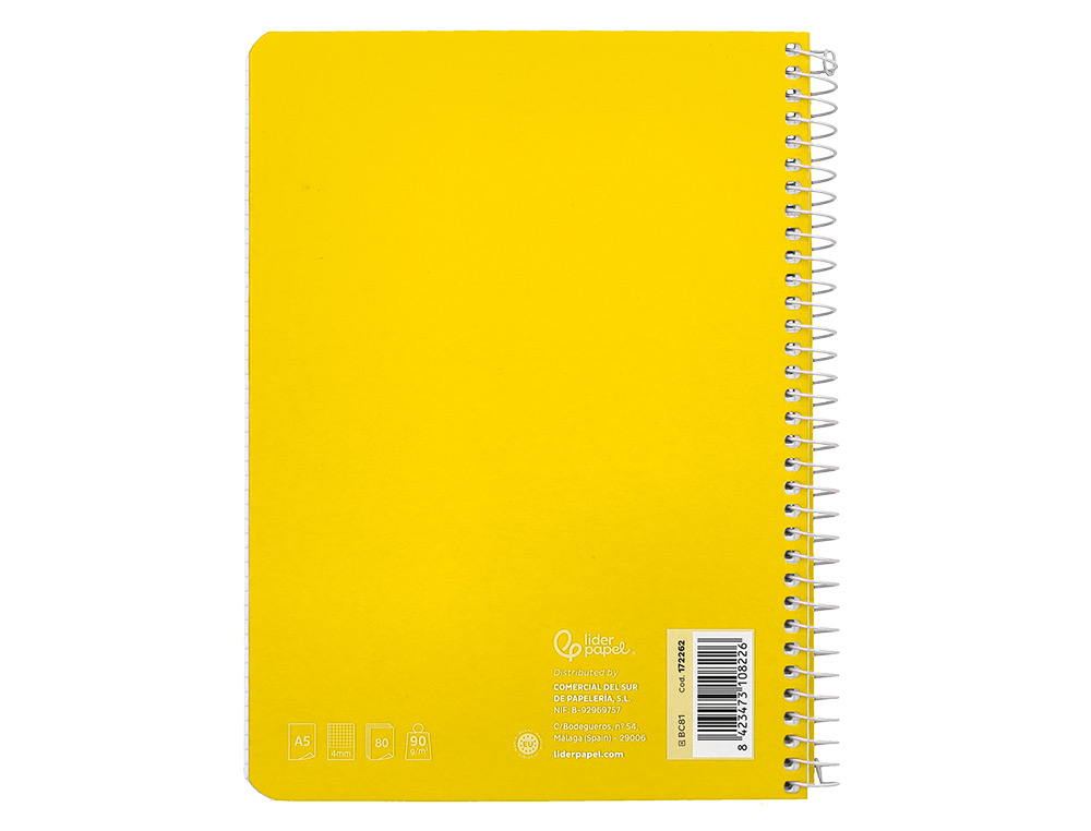 CUADERNO ESPIRAL LIDERPAPEL A5 WITTY TAPA DURA 80H 90GR CUADRO 4MM CON MARGEN COLOR AMARILLO