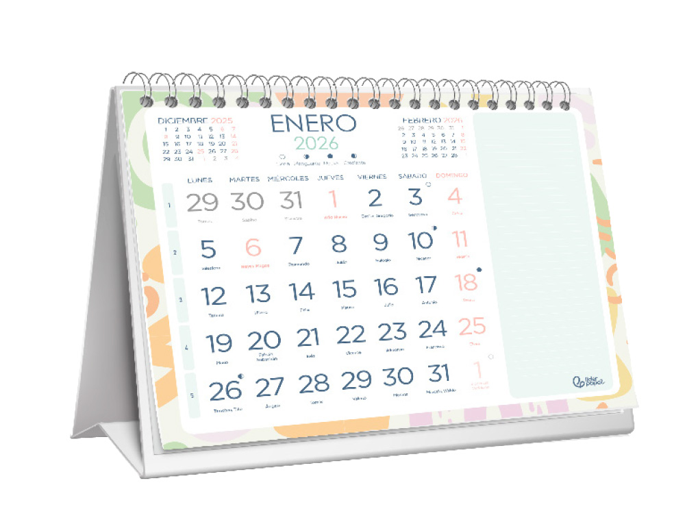 CALENDARIO ESPIRAL TRIANGULAR LIDERPAPEL DE SOBREMESA SERIE JOVEN 2026 18X14 CM PAPEL 128 GR CON PEGATINAS