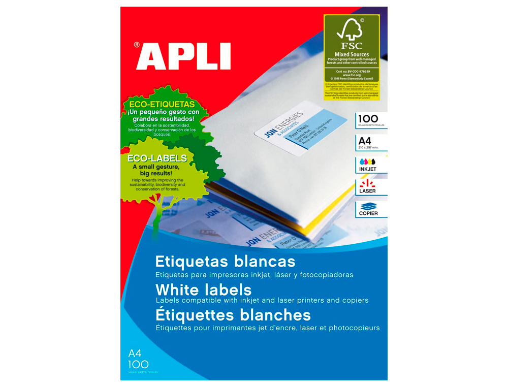ETIQUETA ADHESIVA APLI 1287 TAMAÑO 105X35 MM FOTOCOPIADORA LASER INK-JET CAJA CON 100 HOJAS DIN A4