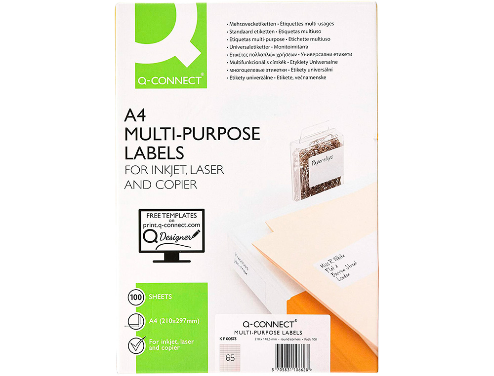 ETIQUETA ADHESIVA Q-CONNECT KF00573 -TAMAO 38,1X21,2 MM -FOTOCOPIADORA -LASER -INK-JET-CAJA CON 100 HOJAS DIN A4