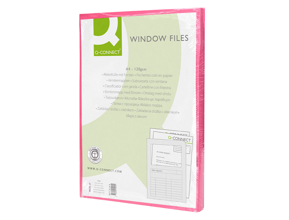 SUBCARPETA CARTULINA Q-CONNECT DIN A4 ROSA CON VENTANA TRANSPARENTE 120 G/M2