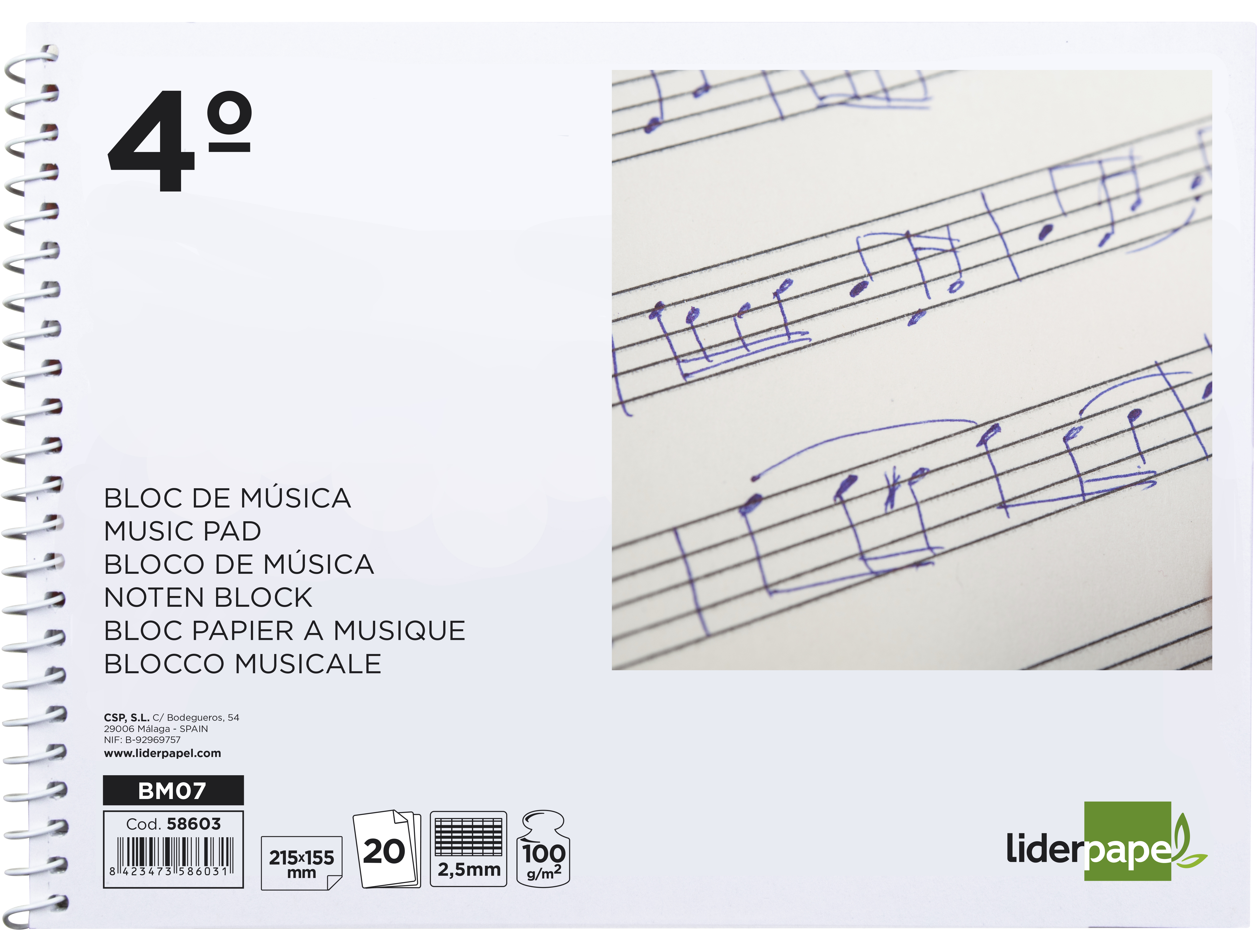 BLOC MUSICA LIDERPAPEL COMBI PENTAGRAMA CUADRICULADO 2,5MM CUARTO 20 HOJAS 100G/M2