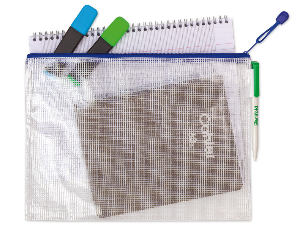 BOLSA MULTIUSOS TARIFOLD PVC DIN A5 APERTURA SUPERIOR CON CREMALLERA PORTABOLIGRAFO Y CORREA AZUL