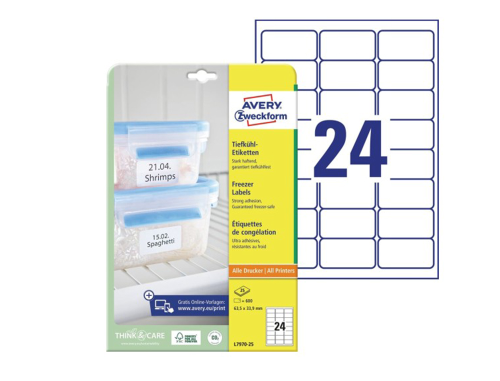 ETIQUETA ADHESIVA AVERY PARA CONGELADOR BLANCA 63,5X33,9 MM INK-JET LASER FOTOCOPIADORAPACK DE 600 UNIDADES