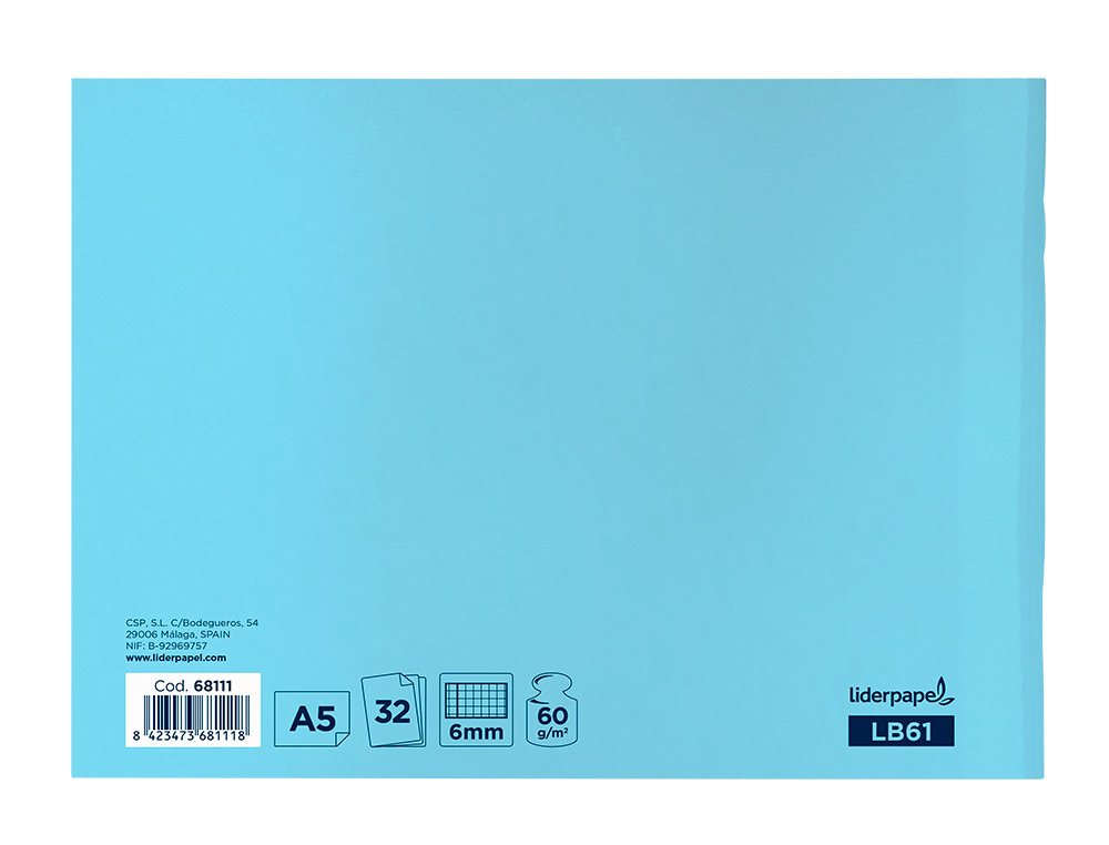LIBRETA LIDERPAPEL SMART A5 APAISADO 32 HOJAS 60G/M2 CUADRO 6 MM CON MARGEN