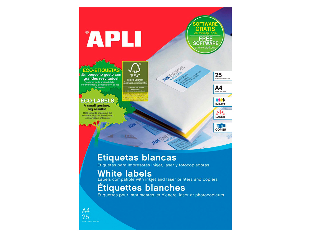 ETIQUETA ADHESIVA APLI 1215 210X297 MM PARA FOTOCOPIADORA LASER INK-JET CAJA CON 25 HOJAS