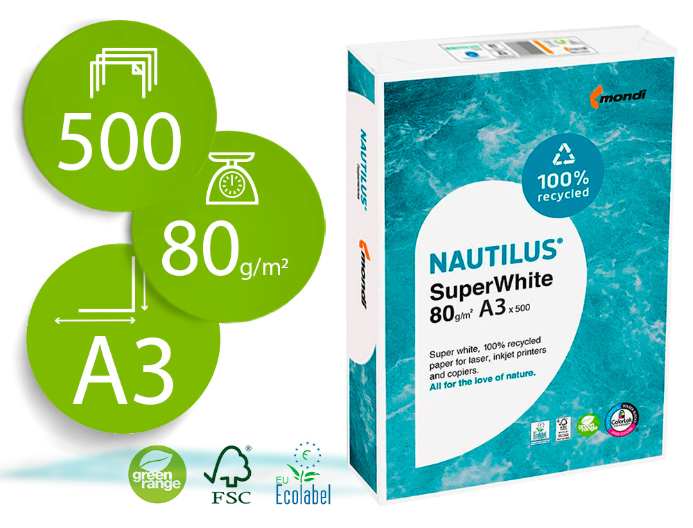 PAPEL FOTOCOPIADORA NAUTILUS SUPERWHITE 100% RECICLADO DIN A3 80 GRAMOS PAQUETE DE 500 HOJAS