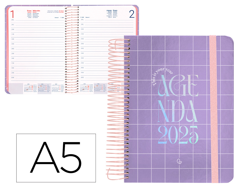 AGENDA ESPIRAL LIDERPAPEL KYMOLOS A5 2025 DIA PAGINA MALVA PAPEL 70 GR