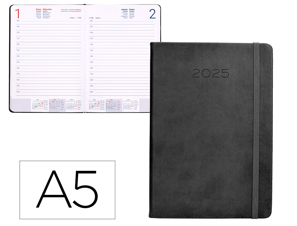 AGENDA ENCUADERNADA LIDERPAPEL MYKONOS A5 2025 DIA PAGINA COLOR NEGRO PAPEL 70 GR