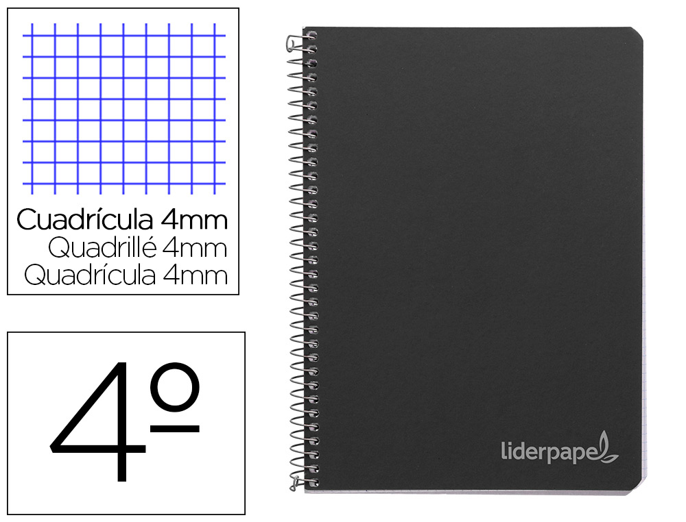 CUADERNO ESPIRAL LIDERPAPEL CUARTO WITTY TAPA DURA 80H 75GR CUADRO 4MM CON MARGEN COLOR NEGRO