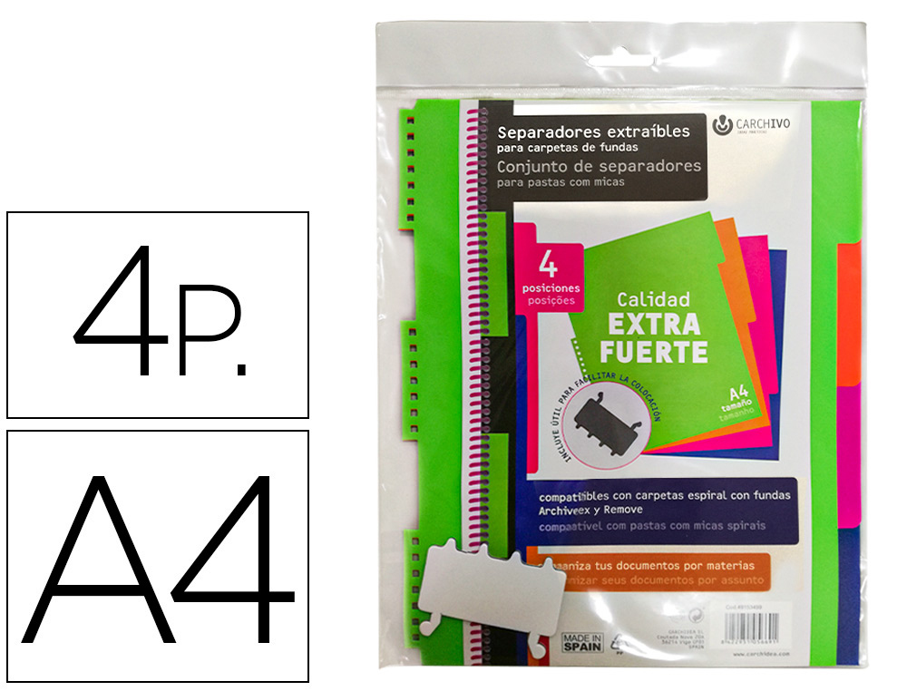 SEPARADOR CARCHIVO POLIPROPILENO EXTRA RIGIDO DIN A4 500 MC MULTITALADRO EXTRAIBLE PARA CARPETA DE