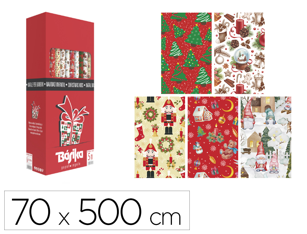 PAPEL DE REGALO BASIKA NAVIDAD ROLLO ANCHO 70 CM LONGITUD 5 M DISEOS SURTIDOS GRAMAJE 50 GR