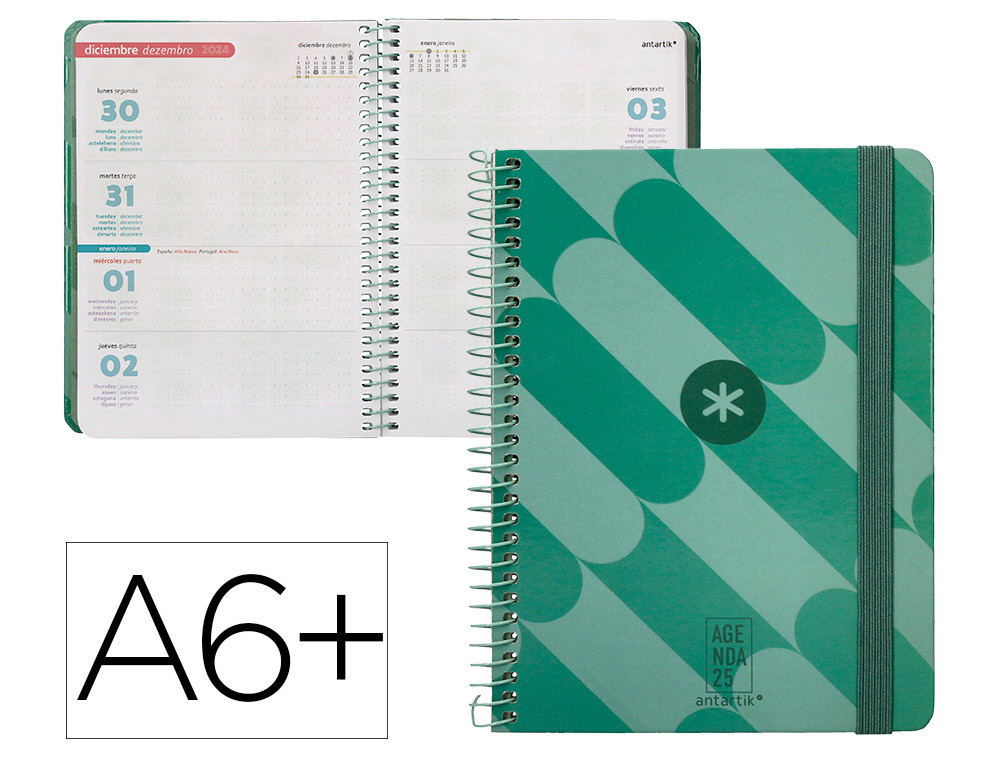 AGENDA ESPIRAL ANTARTIK PATTERN A6+ 2025 SEMANA VISTA COLOR VERDE PAPEL 80 GR