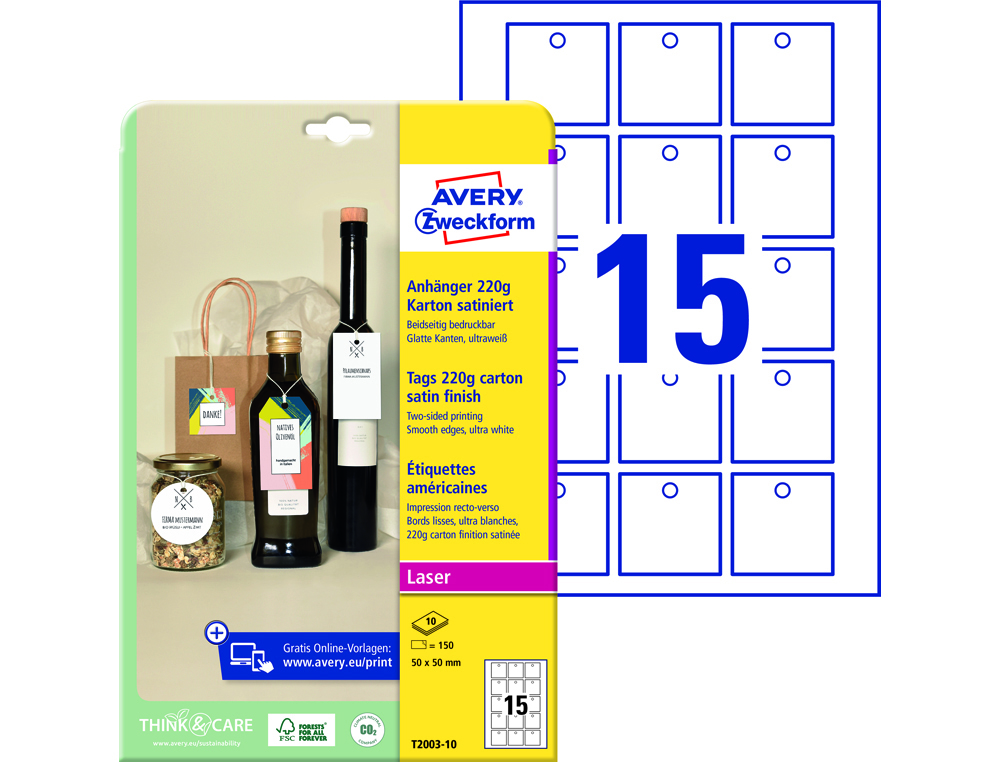 ETIQUETA COLGANTE AVERY BLANCA 50X50 MM IMPRIMIBLE DOBLE CARA CARTON 220 GR PACK DE 150 UNIDADES