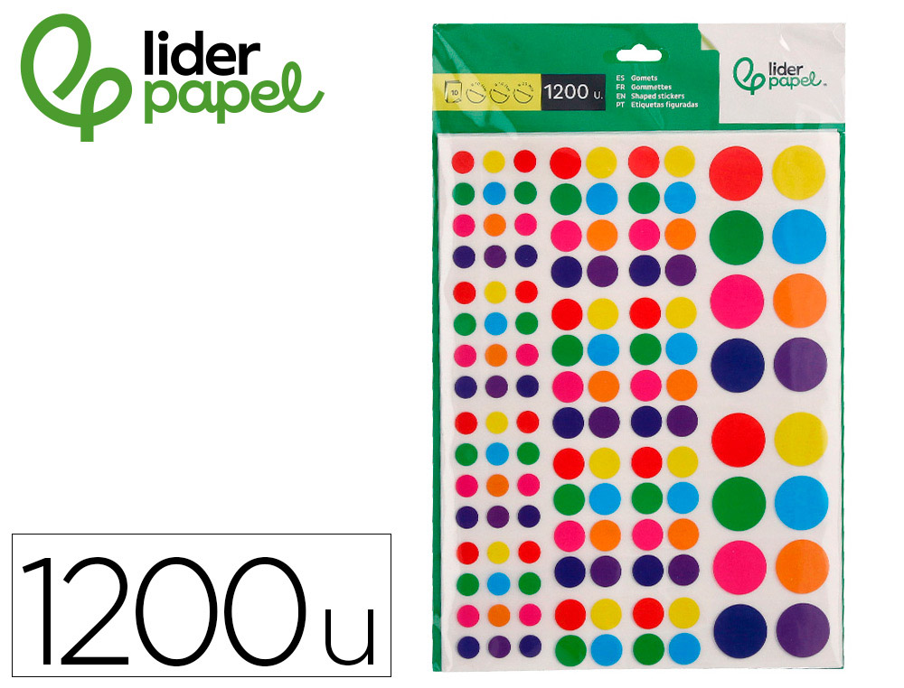 GOMETS LIDERPAPEL AUTOADHESIVO S CIRCULOS COLORES Y TAMAOS SURTIDOS BOLSA DE 10 HOJAS 1200 UNIDADES