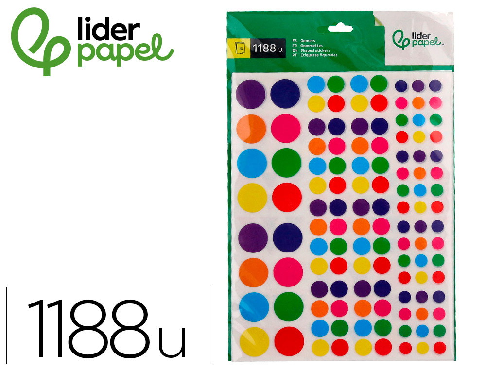GOMETS LIDERPAPEL AUTOADHESIVO S FIGURAS DE COLORES Y TAMAOSSURTIDOS BOLSA DE 10 HOJAS 1188 UNIDADES