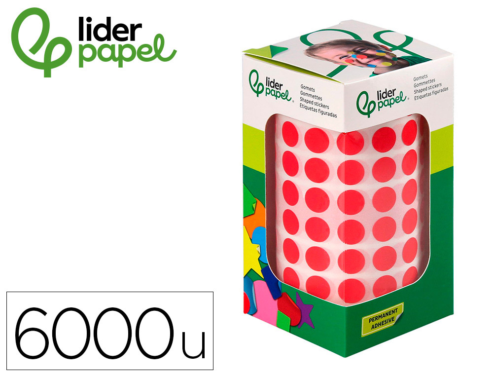 GOMETS LIDERPAPEL AUTOADHESIVO S CIRCULOS 10,5 MM ROJO ROLLO DE 6000 UNIDADES EN CAJA DE CARTON