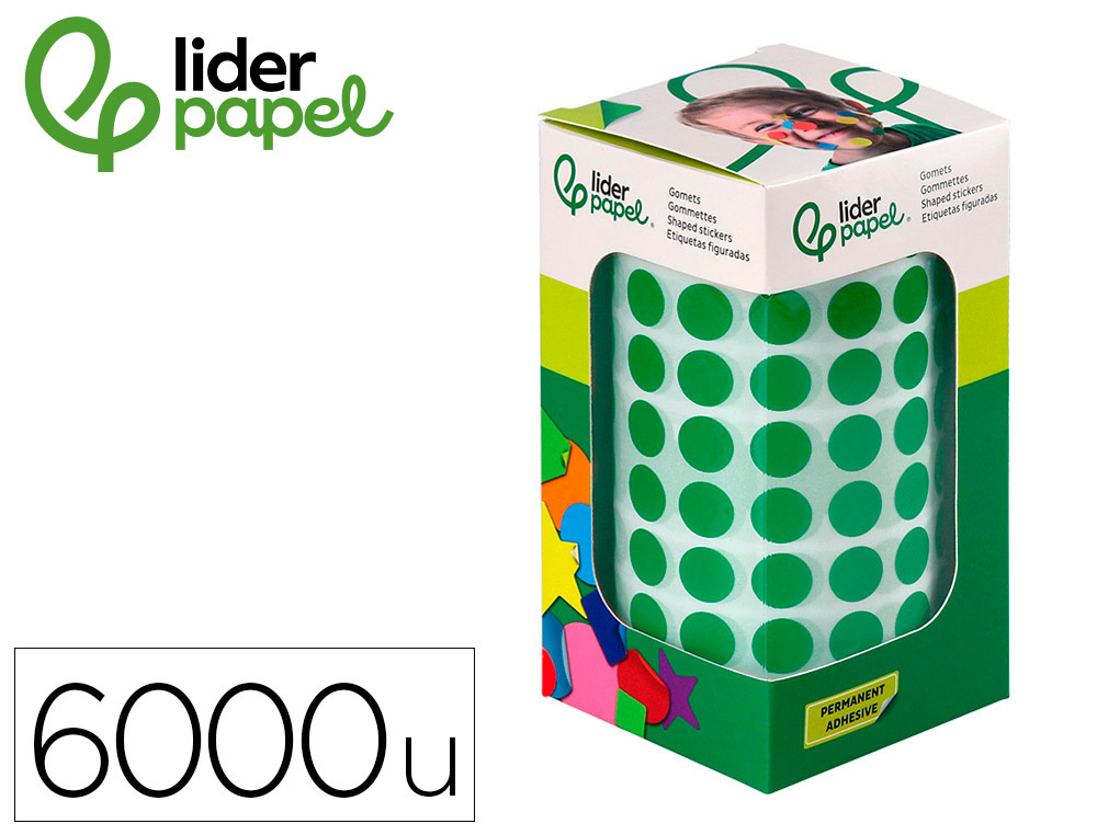 GOMETS LIDERPAPEL AUTOADHESIVO S CIRCULOS 10,5 MM VERDE ROLLO DE 6000 UNIDADES EN CAJA DE CARTON