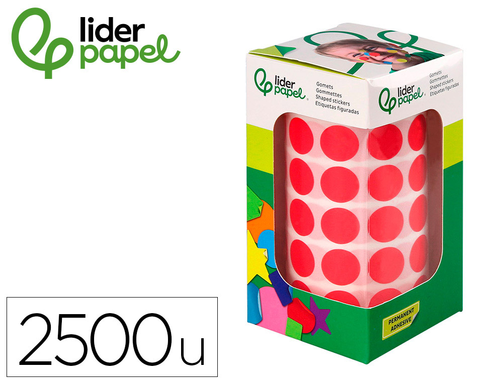 GOMETS LIDERPAPEL AUTOADHESIVO S CIRCULOS 15 MM ROJO ROLLO DE 2500 UNIDADES EN CAJA DE CARTON