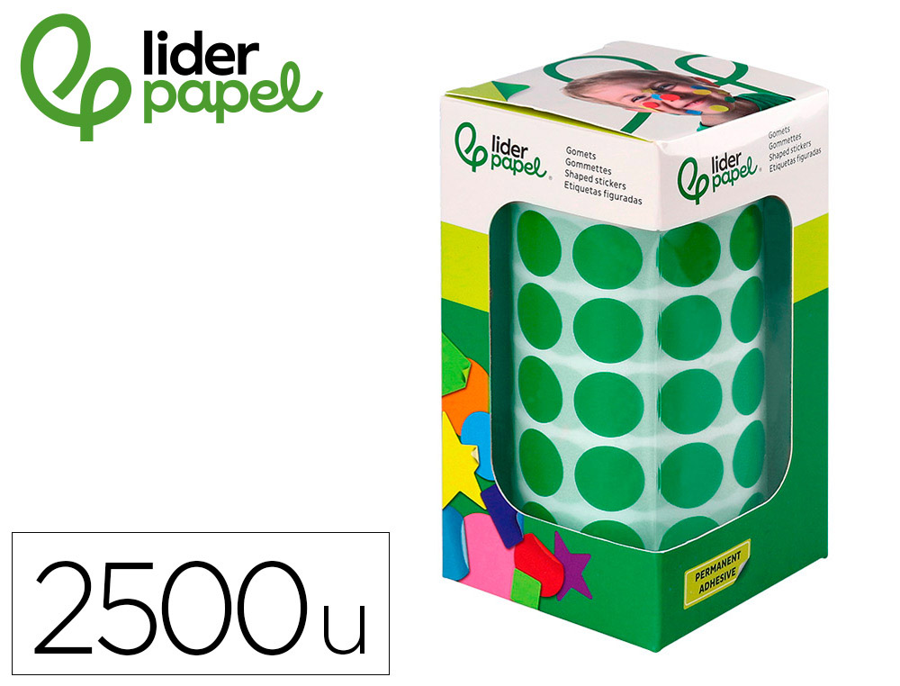 GOMETS LIDERPAPEL AUTOADHESIVO S CIRCULOS 15 MM VERDE ROLLO DE 2500 UNIDADES EN CAJA DE CARTON