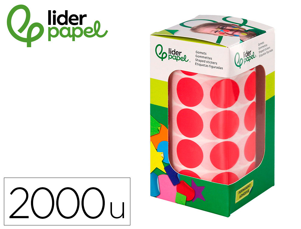 GOMETS LIDERPAPEL AUTOADHESIVO S CIRCULOS 20 MM ROJO ROLLO DE 2000 UNIDADES EN CAJA DE CARTON