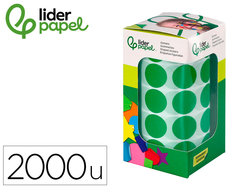 GOMETS LIDERPAPEL AUTOADHESIVO S CIRCULOS 20 MM VERDE ROLLO DE 2000 UNIDADES EN CAJA DE CARTON