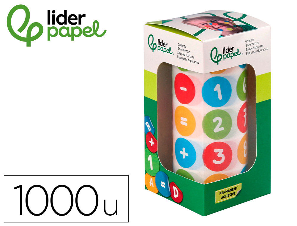 GOMETS LIDERPAPEL AUTOADHESIVO S REDONDO NUMEROS 20 MM COLORES SURTIDOS ROLLO DE 1000 UNIDADES EN CAJA DE CARTON