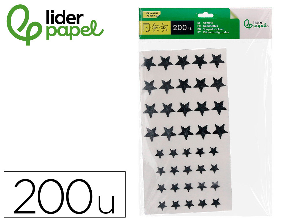 GOMETS LIDERPAPEL AUTOADHESIVO S ESTRELLAS PLATEADAS SURTIDAS BOLSA DE 5 HOJAS CON 200 UNIDADES