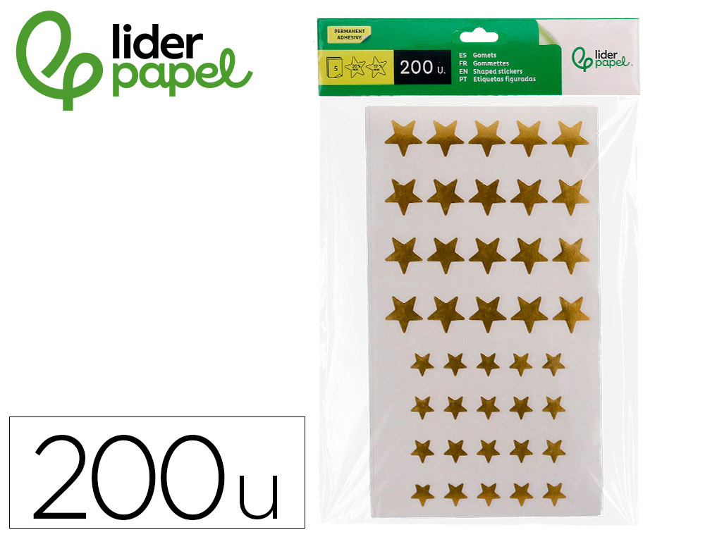 GOMETS LIDERPAPEL AUTOADHESIVO S ESTRELLAS DORADAS SURTIDAS BOLSA DE 5 HOJAS CON 200 UNIDADES