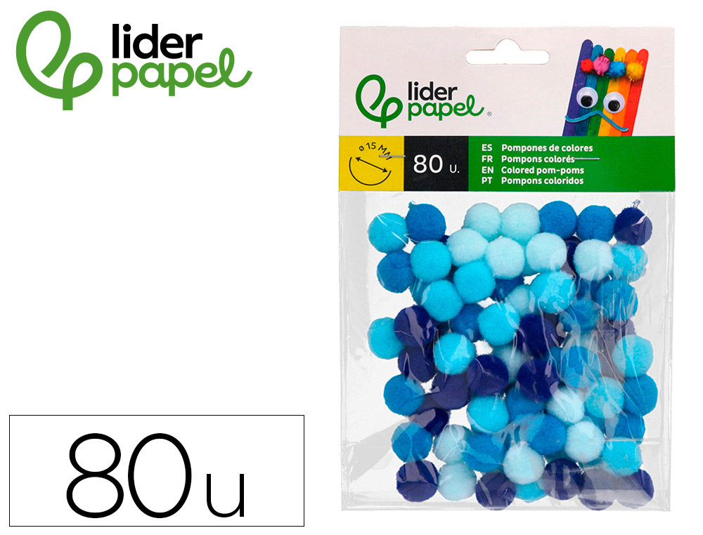 POMPONES DE COLORES LIDERPAPEL 1,5 CM TONALIDADES AZULES BOLSA CON 80 UNIDADES