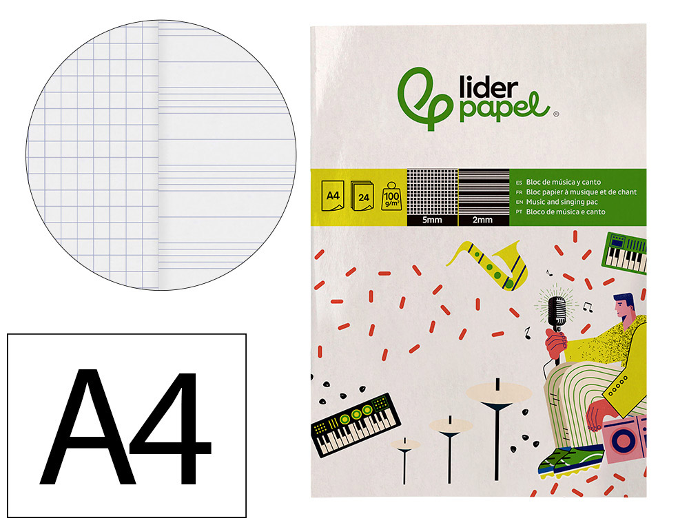 BLOC MUSICA Y CANTO LIDERPAPEL PENTAGRAMA INTERLINEADO 2 MM CUADRICULA 5MM DIN A4 24 HOJAS 100G/M2
